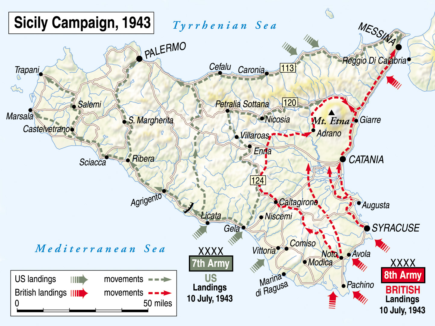 Operation Husky had British and American forces landing on the southern and eastern coasts of Sicily. After initial progress, Allied forces found themselves bogged down against heavy German defenses around Messina.