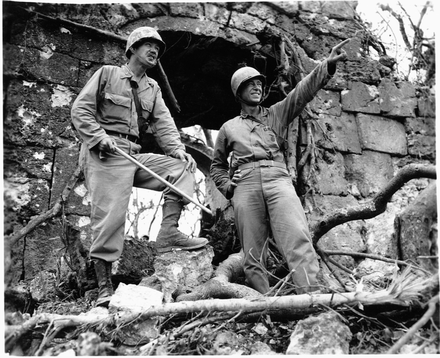 Colonel Harold Roberts of the 22nd Marines and Lt. Col. Claire W. Shisler of 3rd Battalion, 22nd Marines, confer on Okinawa.