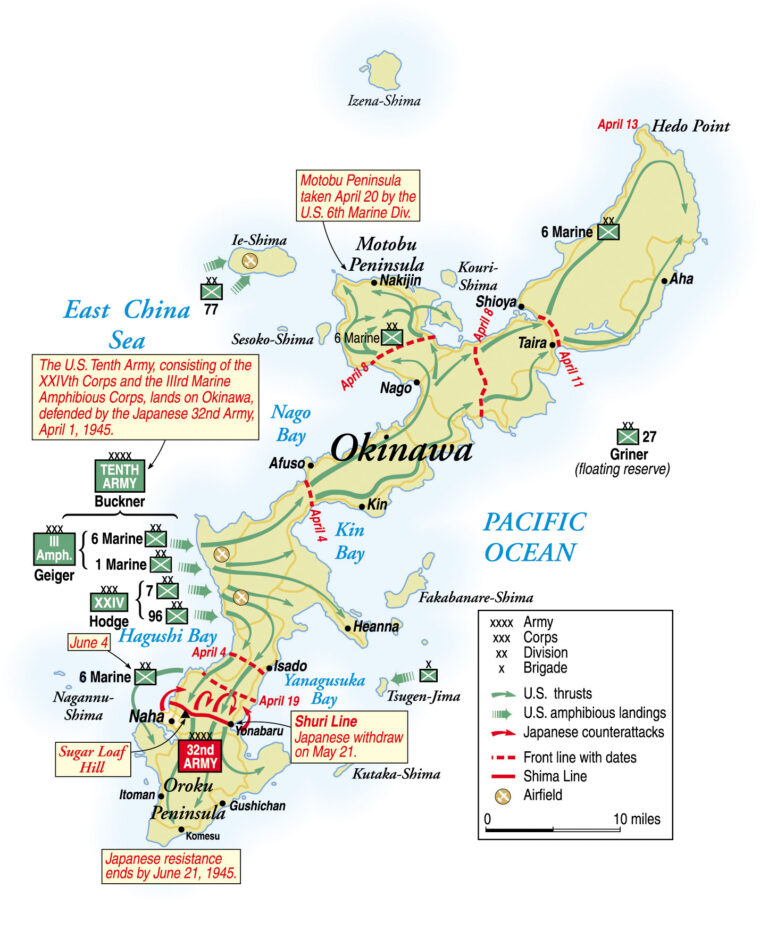 During the battle for control of Okinawa, the heaviest fighting occurred on the southern portion of the island where the Japanese had fortified numerous positions around Shuri Castle.