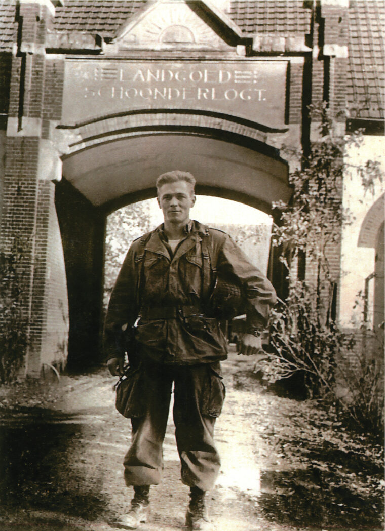Captain Richard D. Winters poses for a photo at the Schoonderlogt estate, south of Arnhem, Holland. Winters and several of his 101st Airborne troops were decorated for their heroic assault against German artillery positions at Brécourt Manor on D-day.