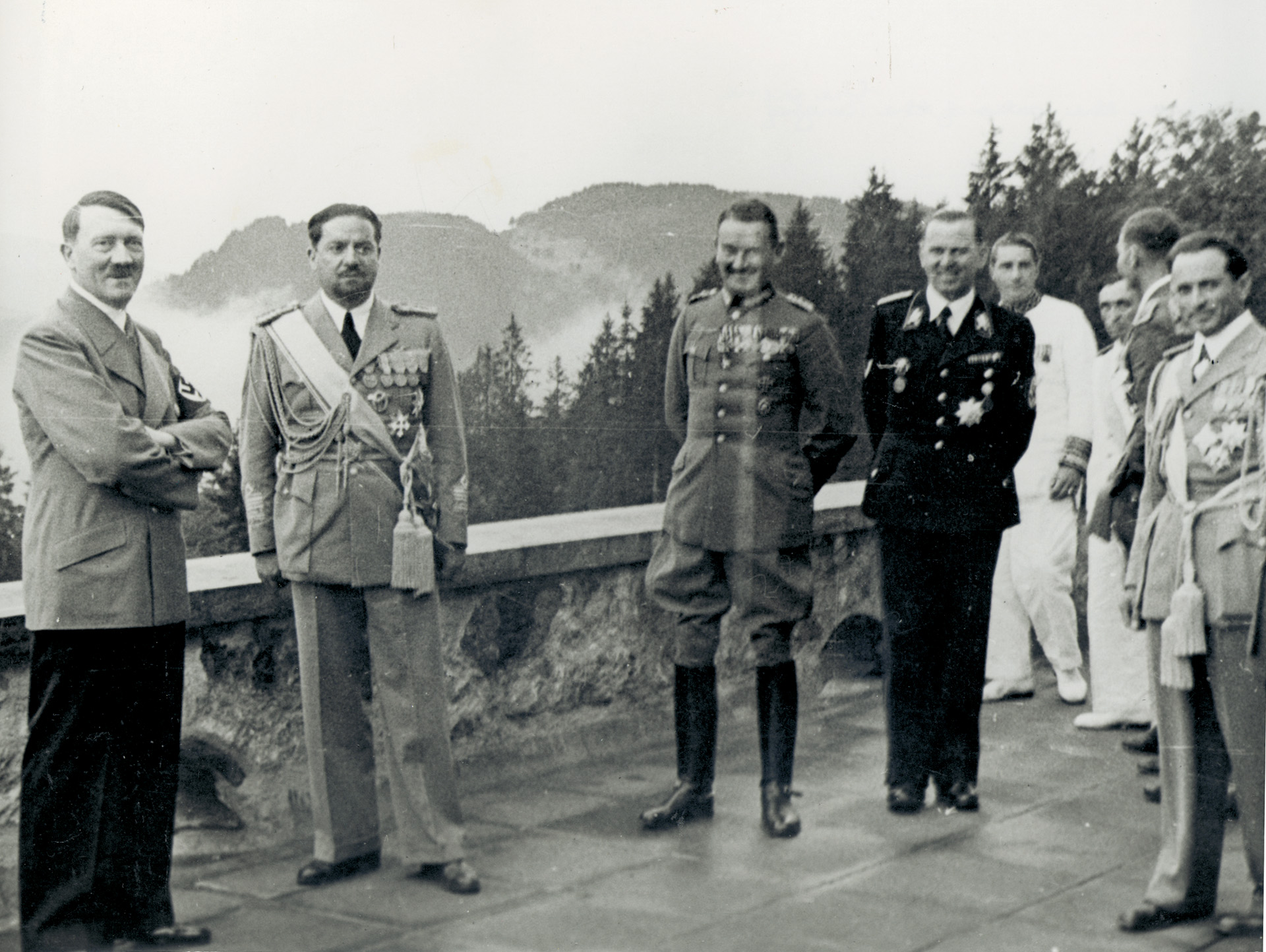 Italian Air Marshal Italo Balbo (second from left) poses with German hosts at the Berghof, including Hitler (left), Ritter von Schobert (center), and black-uniformed SS General Julius Schraub.