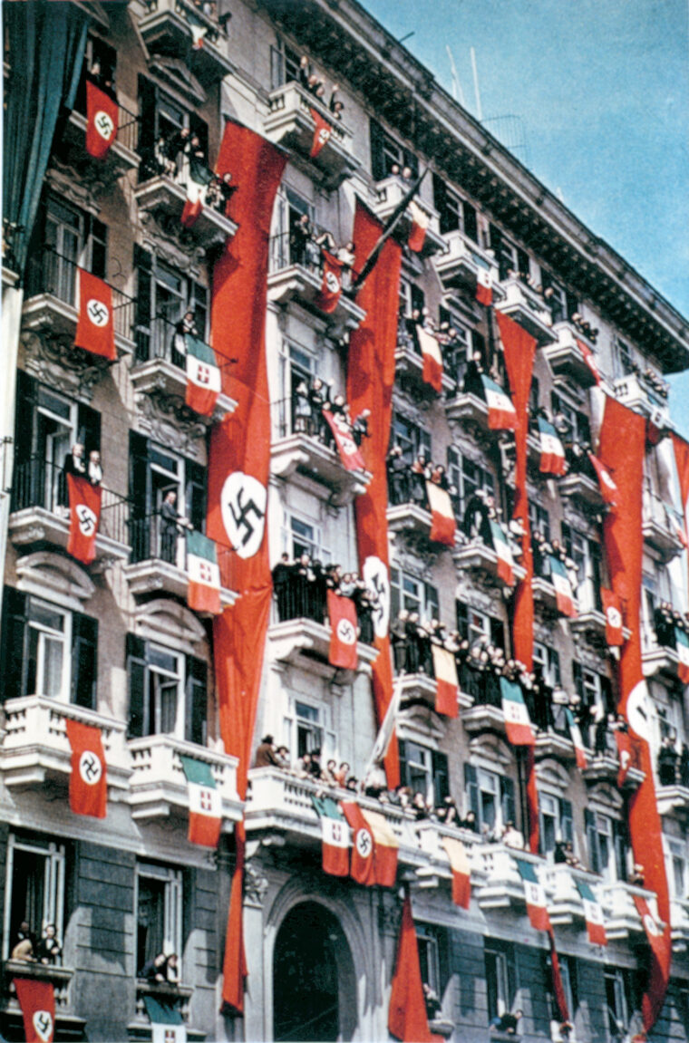 Building façades were bedecked with flags of Nazi Germany and Fascist Italy during Hitler’s state visit to Rome in May 1937.