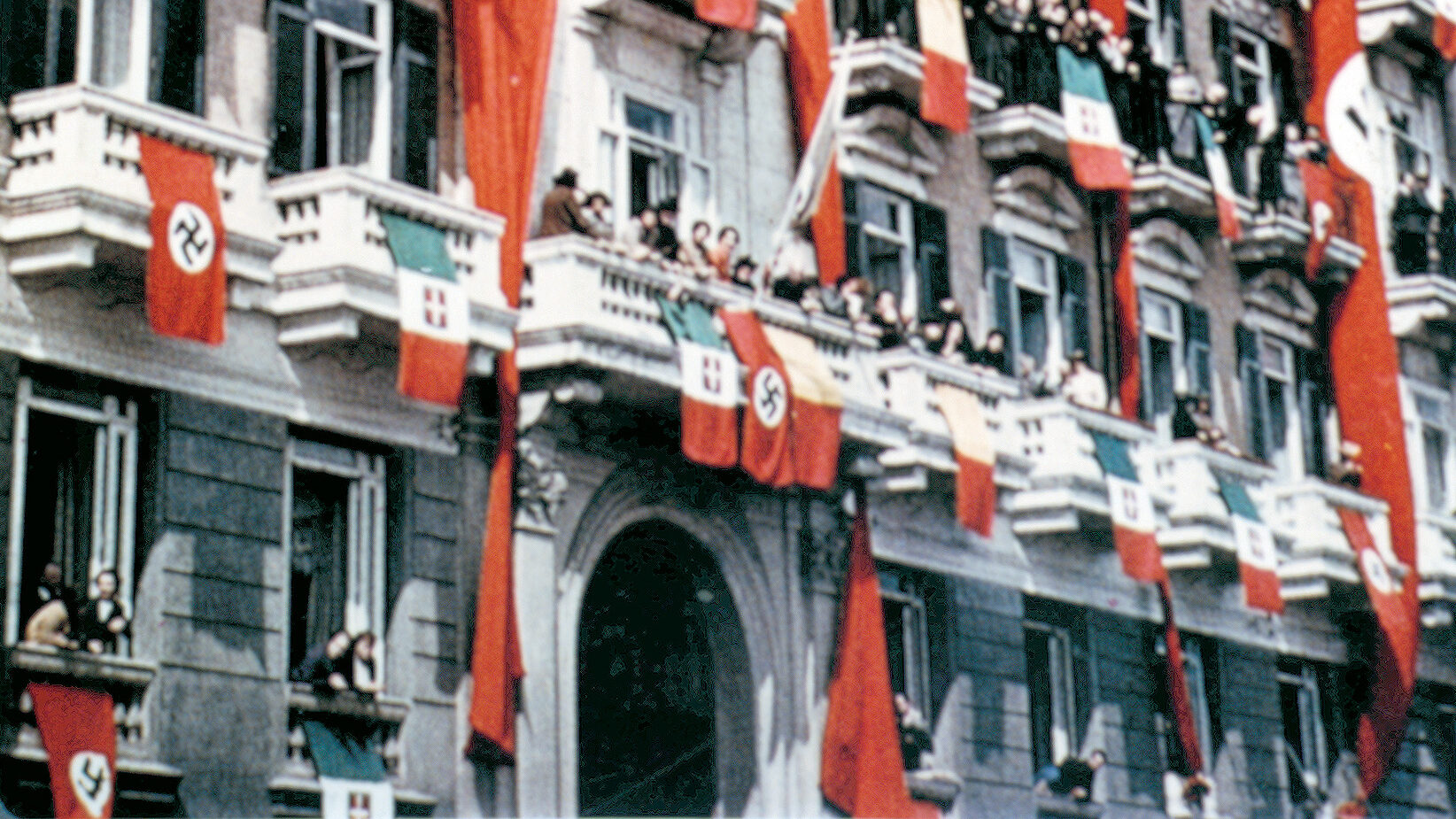 Building façades were bedecked with flags of Nazi Germany and Fascist Italy during Hitler’s state visit to Rome in May 1937.