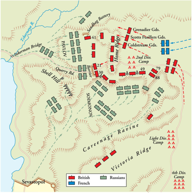 Despite being outnumbered, British forces took advantage of the rugged terrain at Inkerman to force the Russians into small, localized skirmishes and reduce their ability to exploit the numerical advantage.