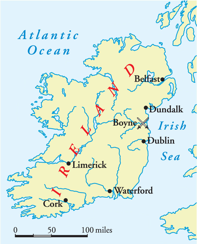 The Boyne River, running east to west, was the last major natural obstacle barring William III from taking Dublin and the south of Ireland.