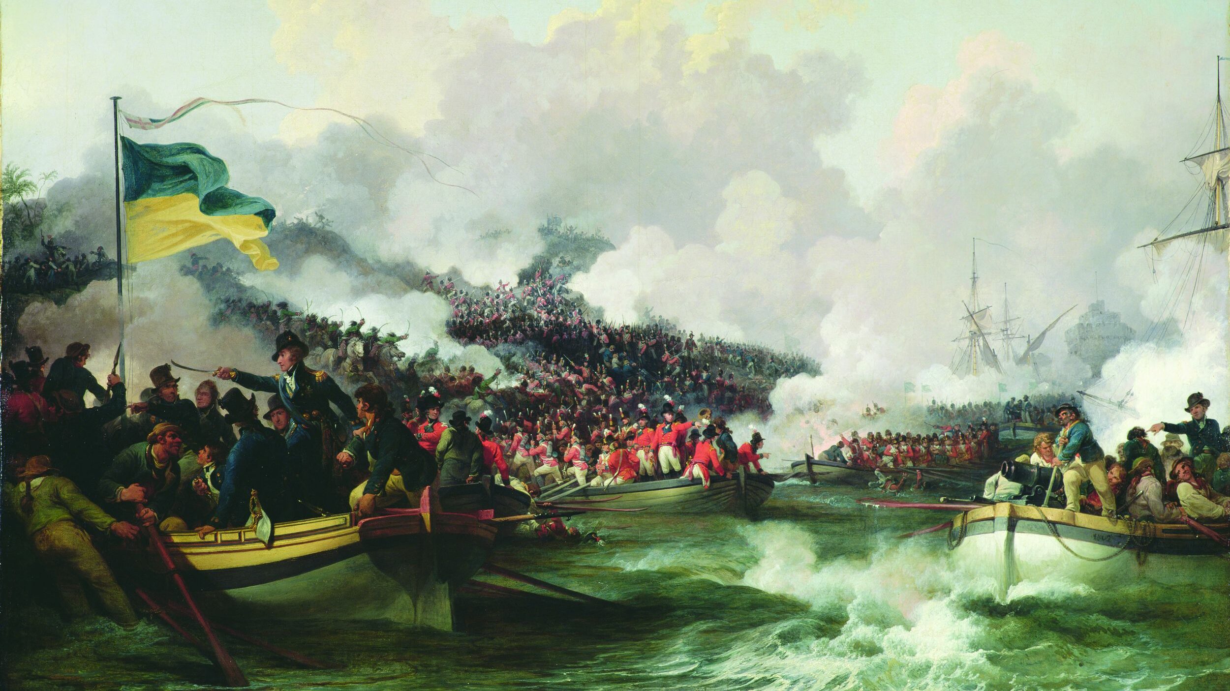 Burly bluejackets from the Royal Navy muscle the landing craft to shore during the British amphibious landing at Aboukir Bay, Egypt, on March 8, 1801, in this contemporary oil painting by Philippe Jacques de Loutherbourg.