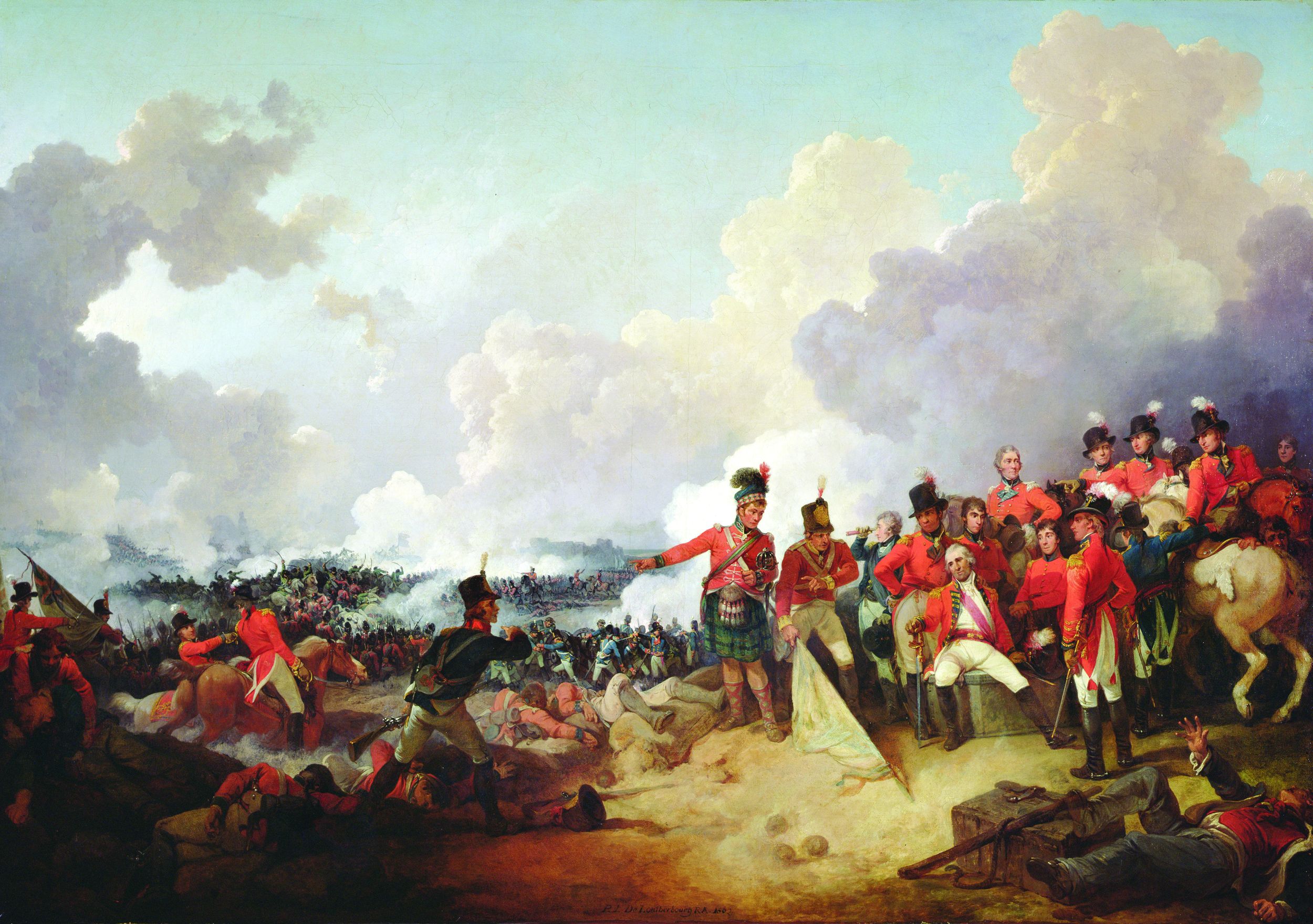 Another near-contemporaneous painting of the Battle of Alexandria by artist Philippe Jacques de Loutherbourg. General Sir Ralph Abercromby, seated center, has suffered a fatal leg wound.