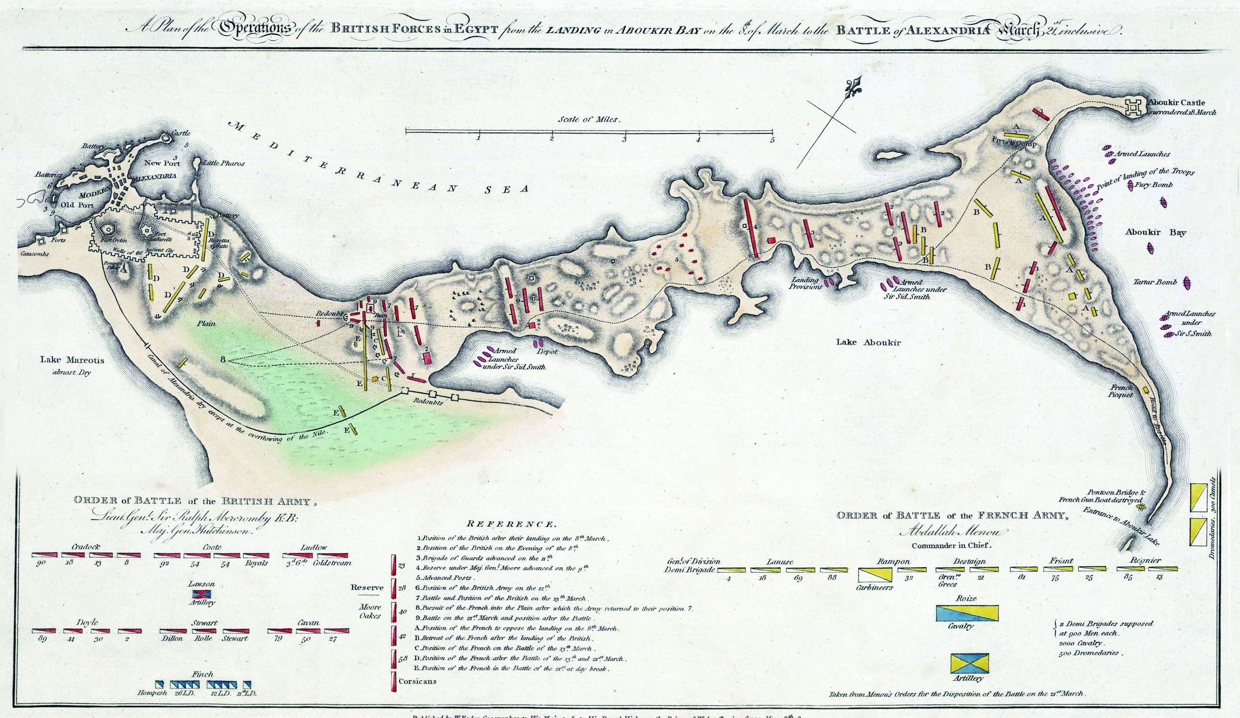 This period map shows the British progress toward Alexandria, moving from right to left. The redoubt by the sea on the British right is the site of Moore’s repulse of the main French attack.
