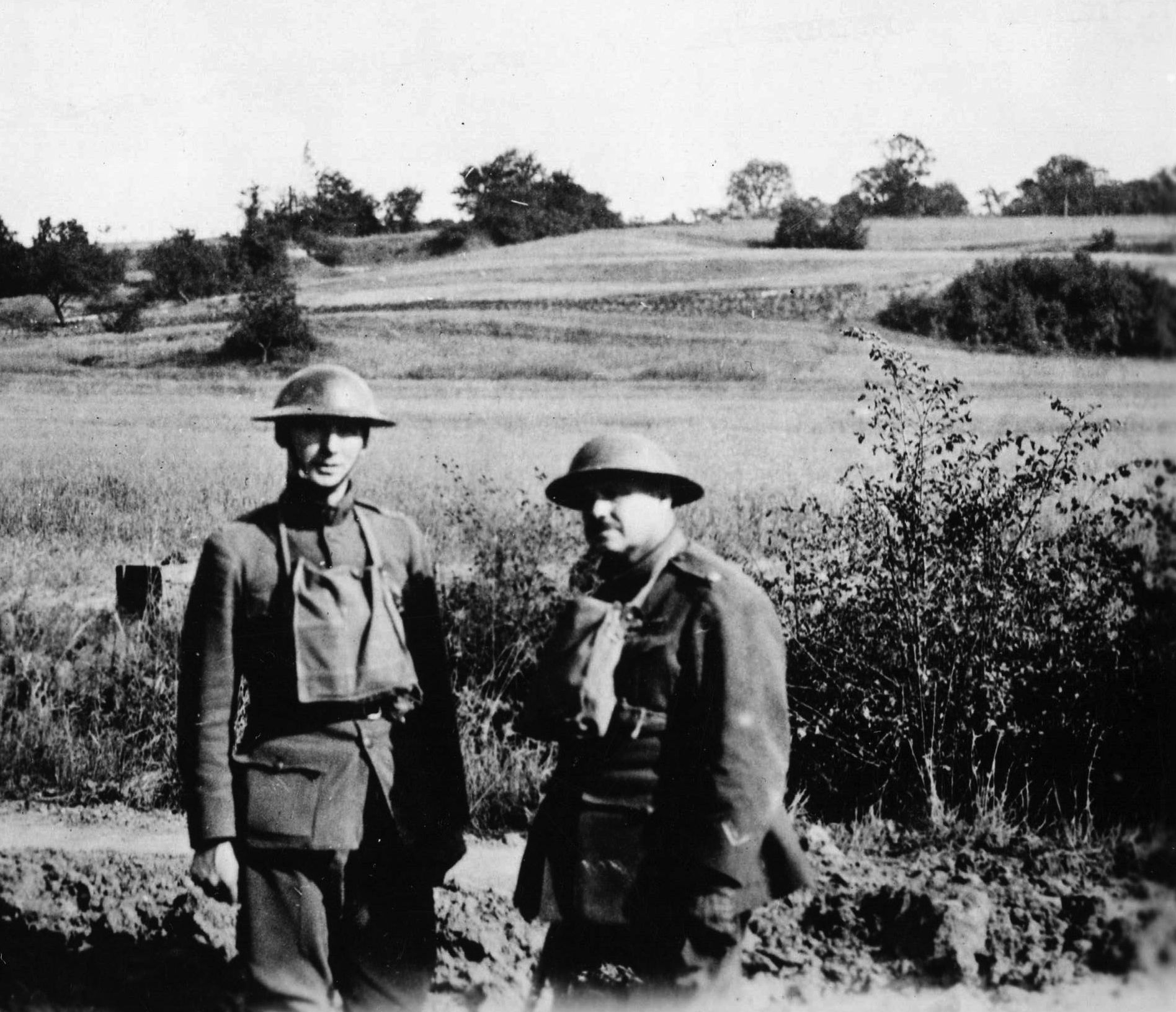 Helmeted war correspondents at Belleau Wood after the battle.
