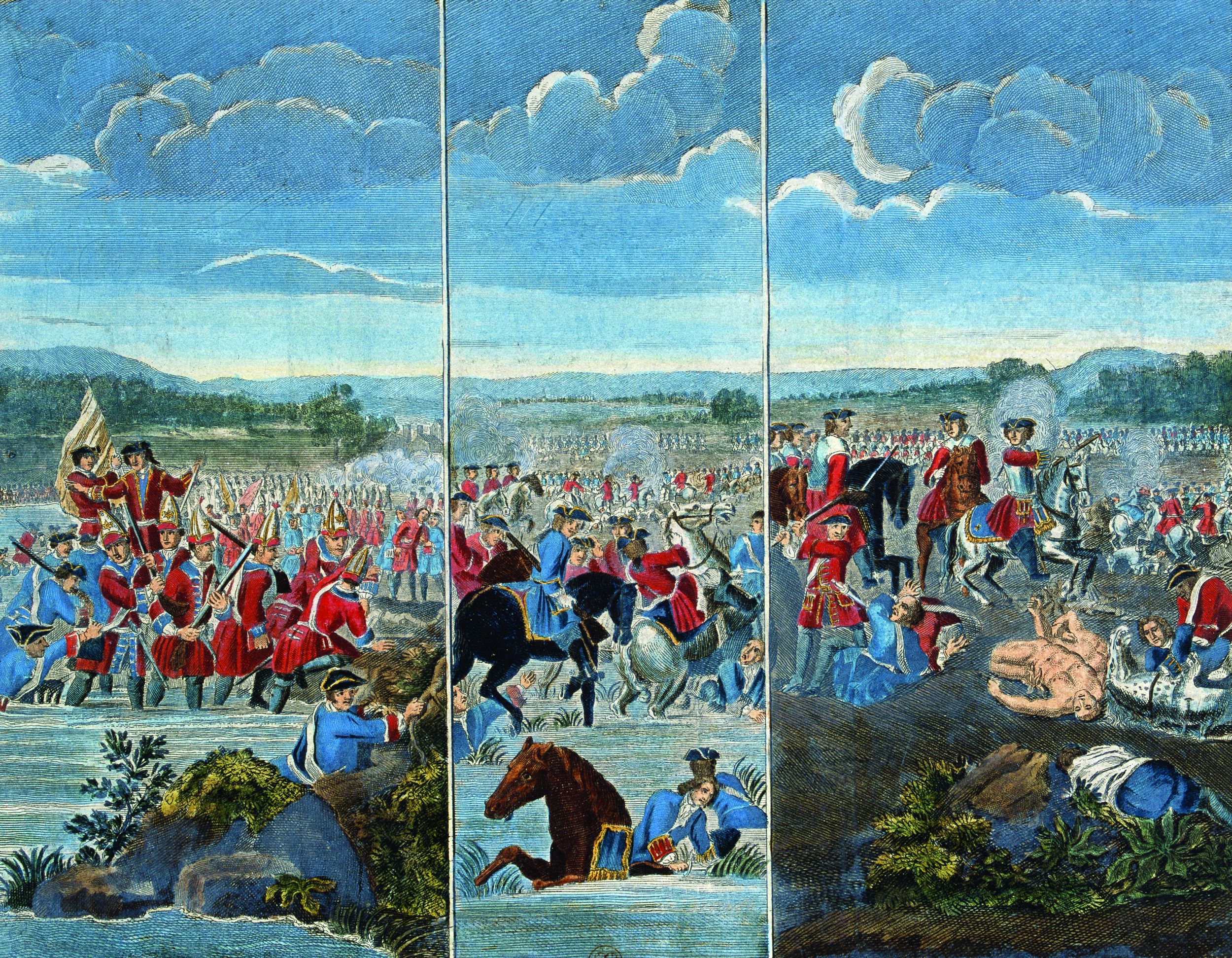 Three panels by Louis Laguerre depicting the Battle of Blenheim. Left to right: attack on the village of Blenheim; French infantry in the center of the field; Prince Eugene of Savoy attacking the French left.