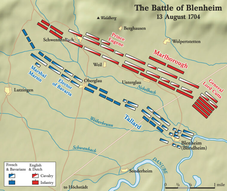 Lord John Cutts’s column, on the British left, threatens the French right at Blenheim, while Marlborough’s main force waits to attack the center.