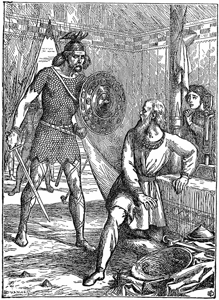 Viking warrior Brodar catches a grieving Brian Boru in his tent after the Battle of Clontarf. Brodar killed both Brian and the hapless page boy looking on behind him.