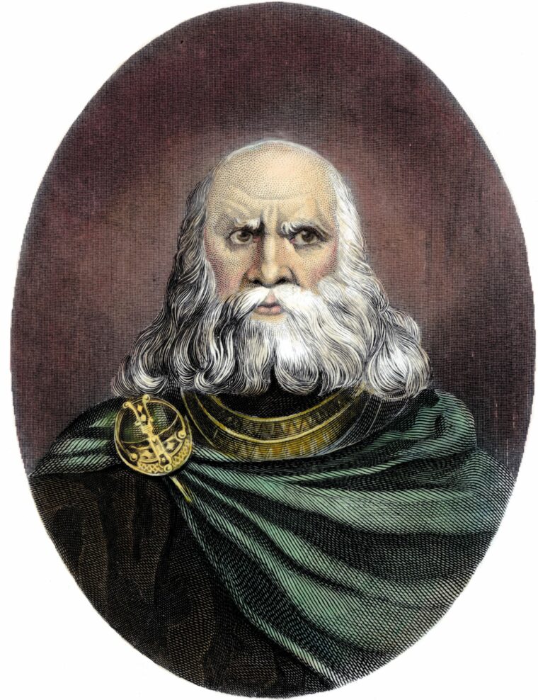 An elderly Brian Boru still shows the warrior fire in this 19th-century color engraving.
