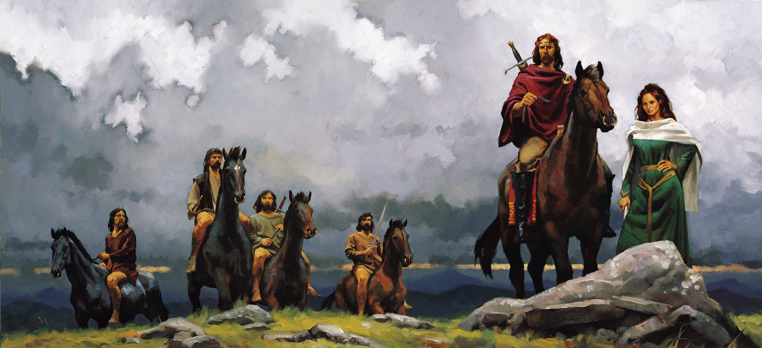 With one of his four wives at his side, King Brian Boru prepares to lead his men into battle in Gregory Manchess’s contemporary painting, Lion of Ireland.