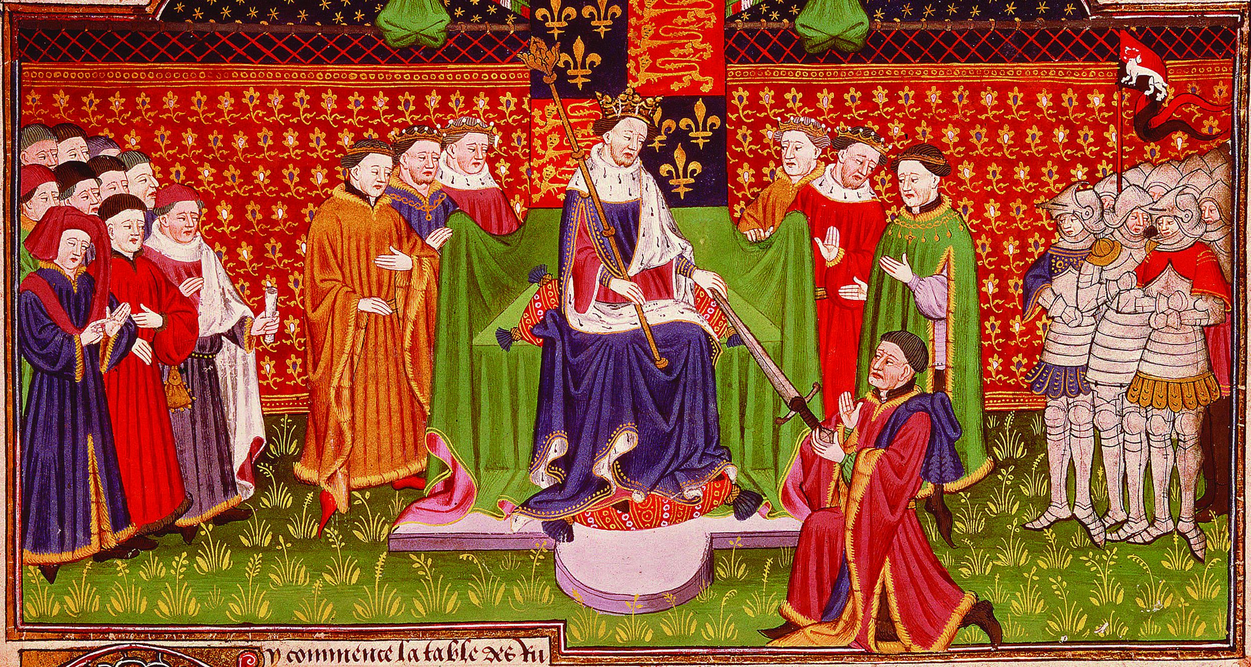 In happier days, King Henry VI invests John Talbot with the sword of office as constable of France in 1436. From an illuminated manuscript of the era.