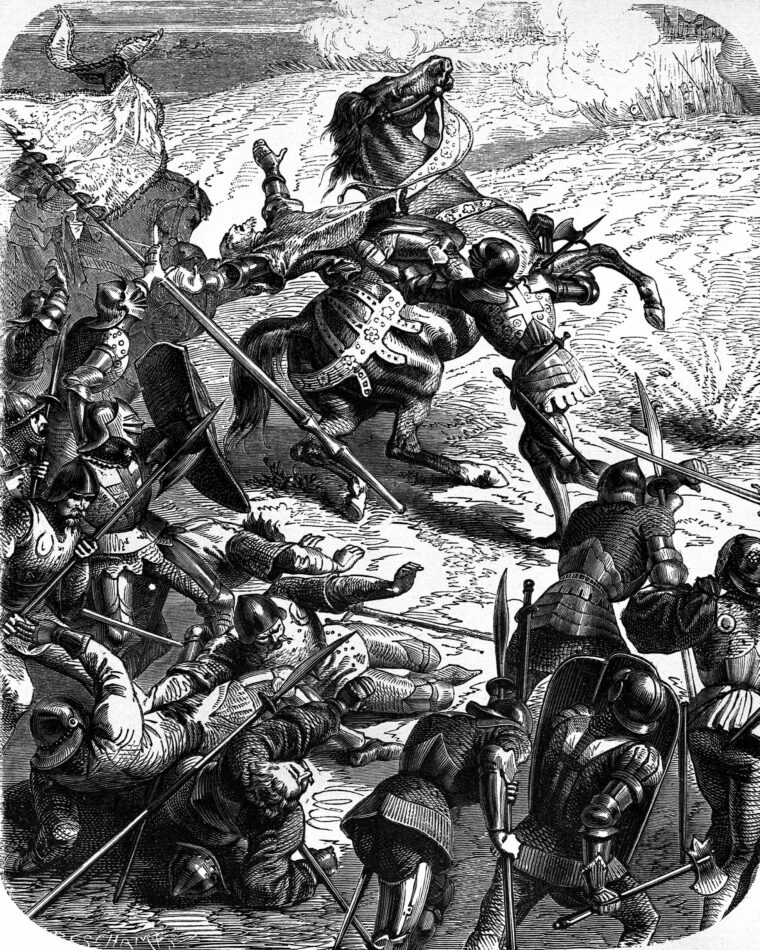 Another 19th-century view of Lord Talbot’s death on the banks of the Dordogne River. His brilliantly caparisoned horse made him a sitting target.