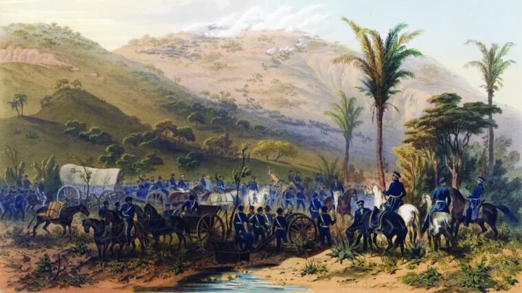 American forces assault the Mexican army at Cerro Gordo in this lithograph by Carl Nebel of the New Orleans Picayune, who accompanied Winfield Scott during the campaign.