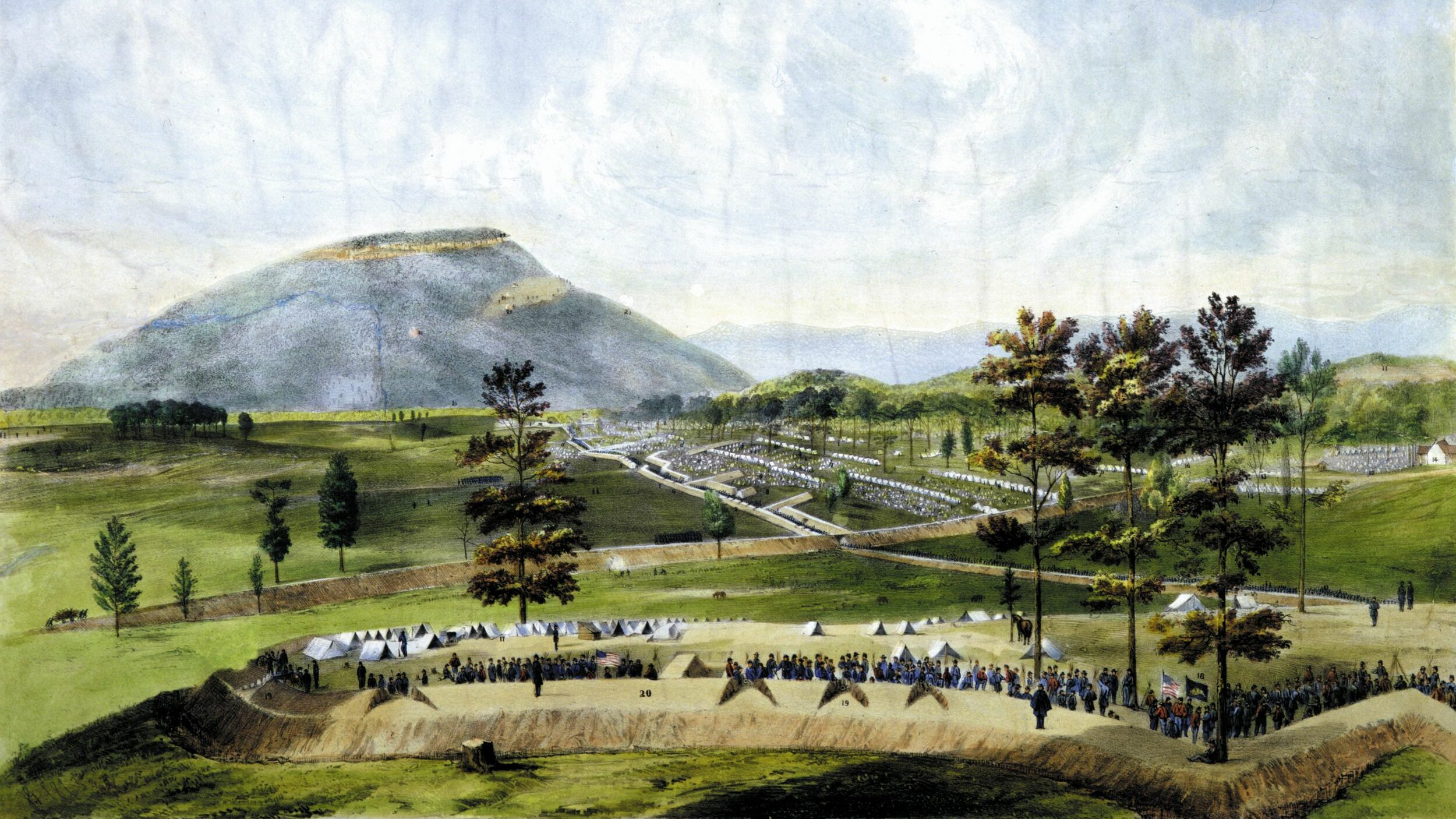 Dwarfed by Lookout Mountain, the Union Army of the Cumberland hunkers down in besieged Chattanooga in this idealized painting. Actual conditions were much worse.