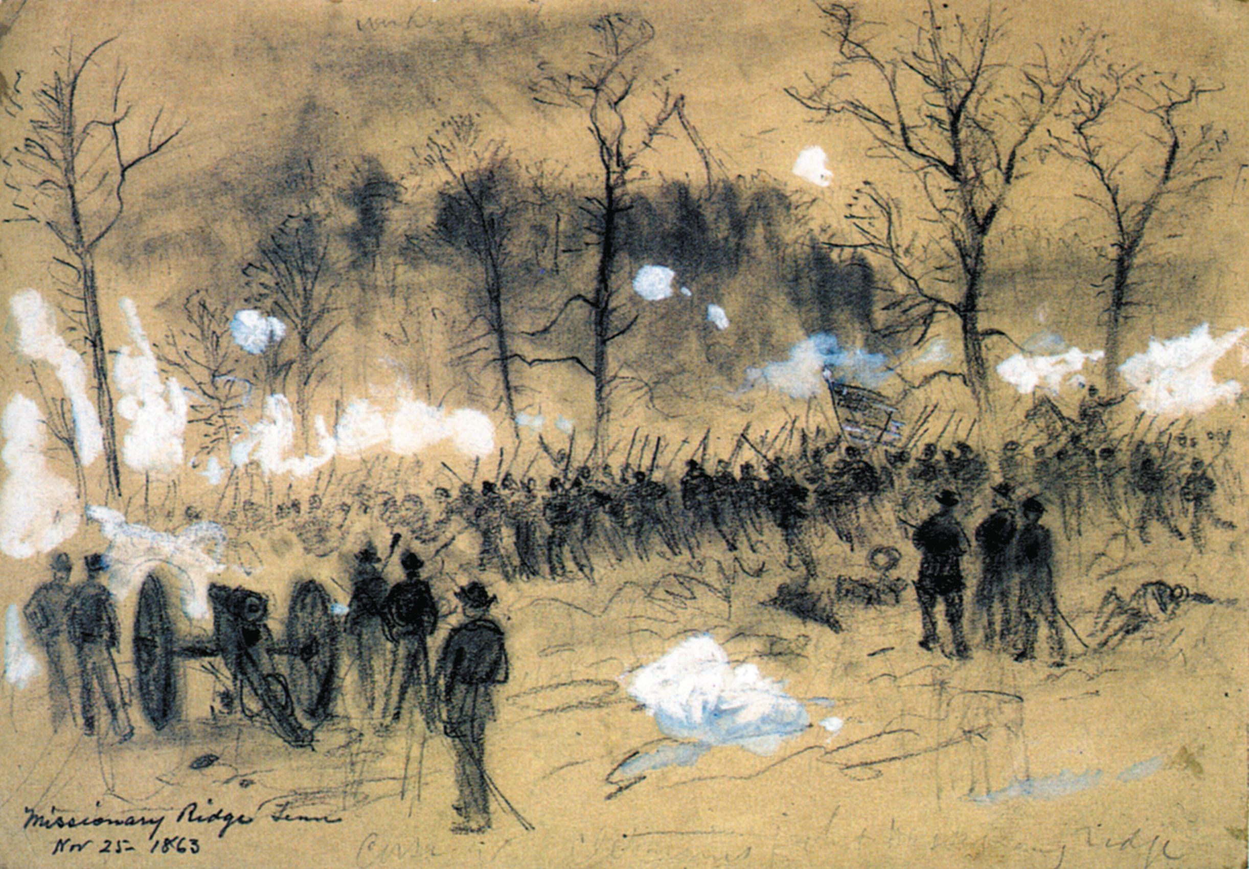 Battlefield artist Alfred R. Ward depicts Brig. Gen. John Corse’s ill-fated attack on the Confederate right at Tunnel Hill on November 25. 