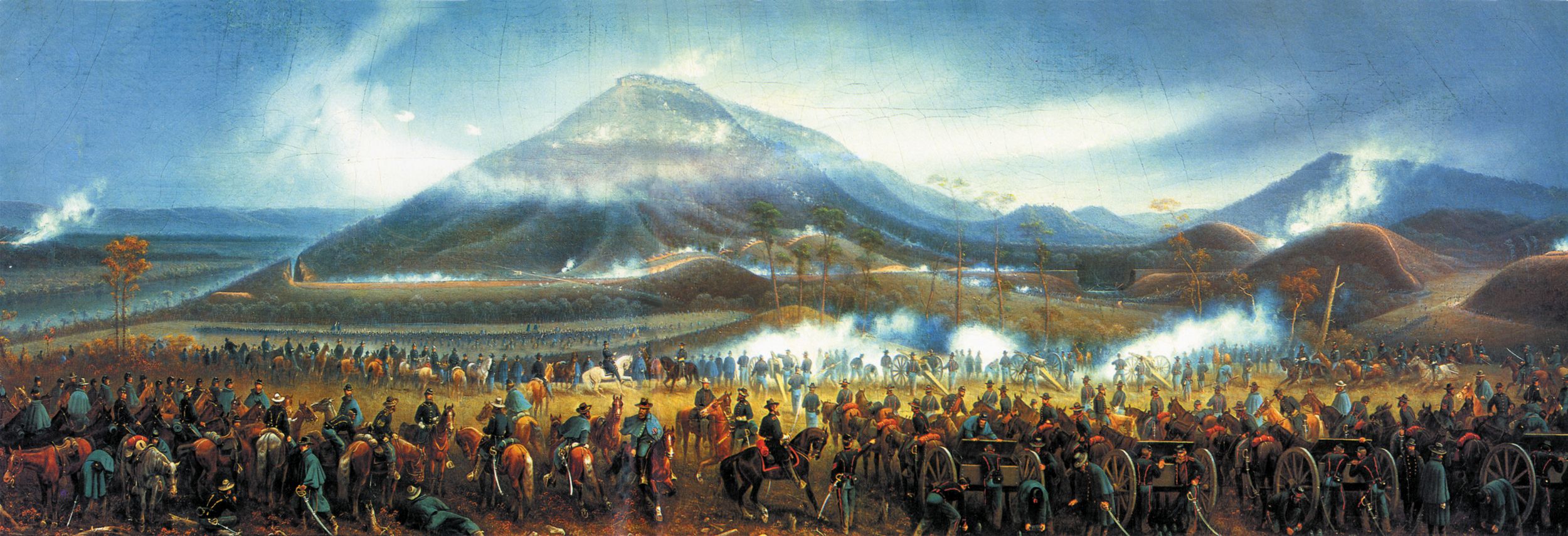 In this highly romanticized 19th century painting, Maj. Gen. Joseph Hooker, riding the white horse in the center, directs massed artillery fire on Rebel positions on Lookout Mountain. 