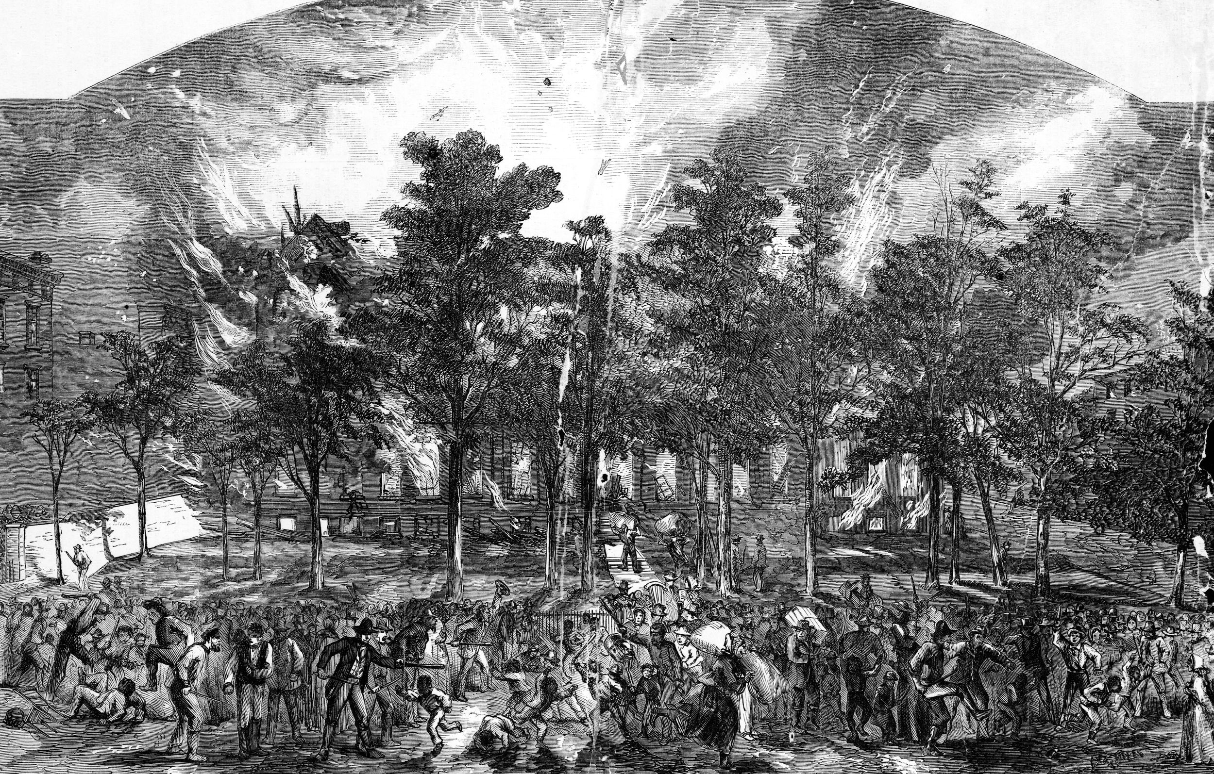 New York City rioters burn and sack the Colored Orphan Asylum on Fifth Avenue and 43rd Street at the height of the rampage. Illustration appeared in Harper’s Weekly, August 1, 1863.