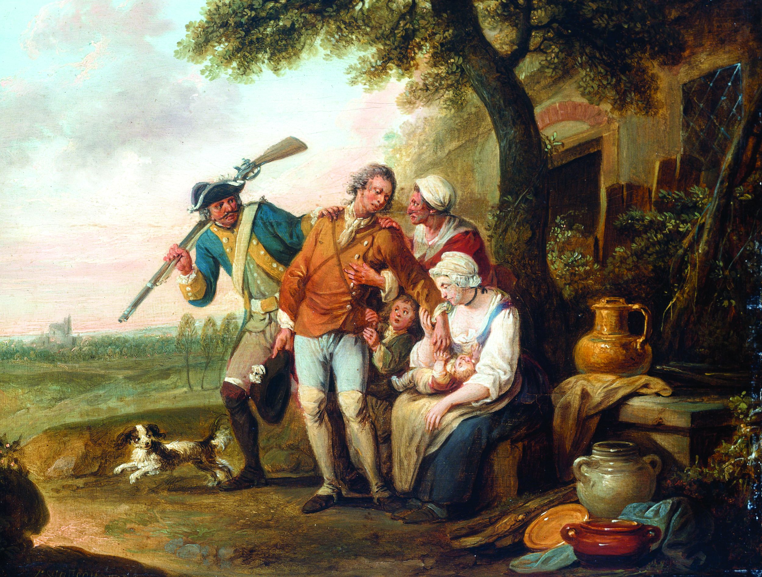 A hard-bitten Prussian recruiting officer dragoons a reluctant peasant into the service in Louis Joseph Watteau’s 1770 painting, The Unwilling Recruit.