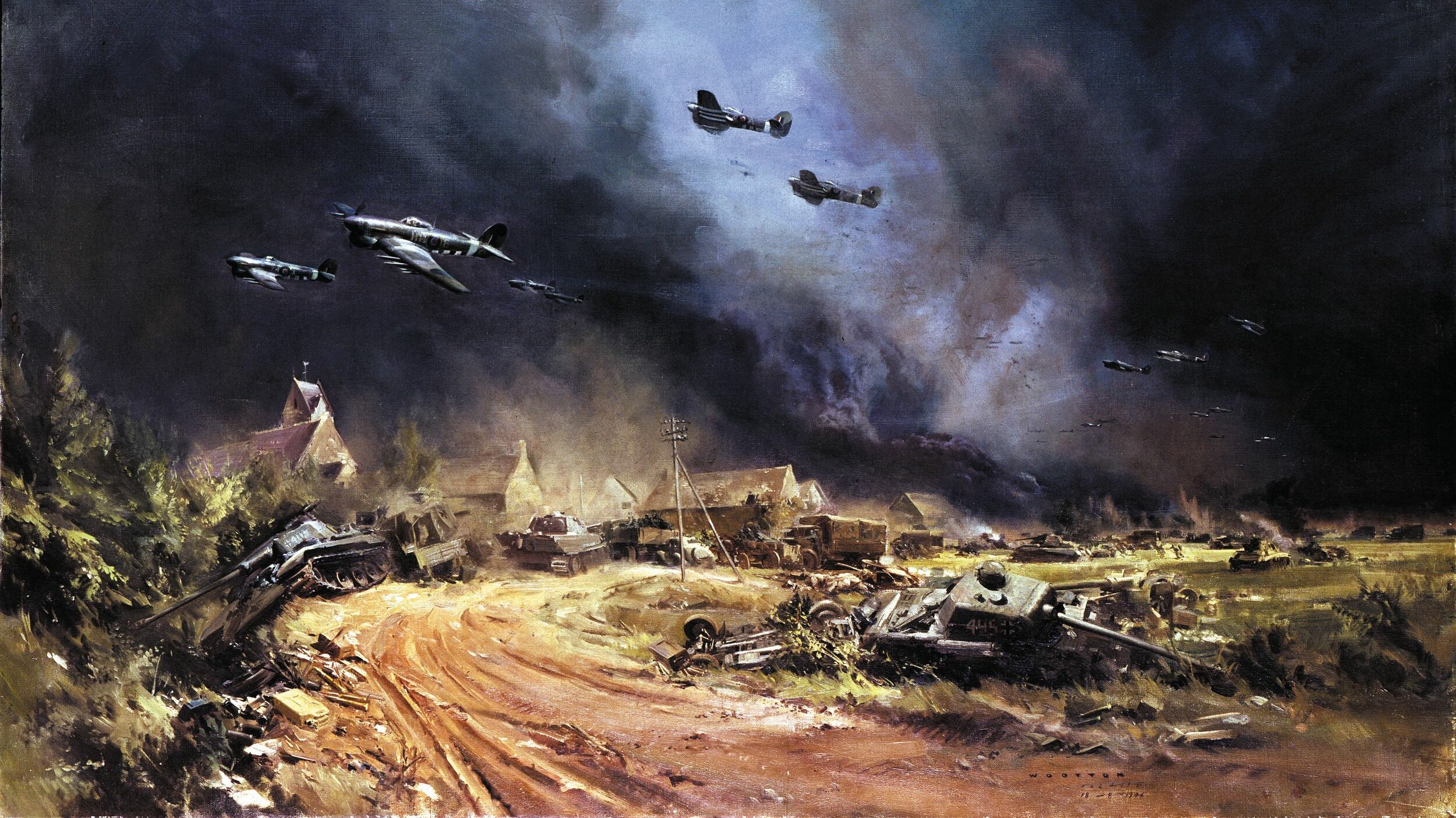 Rocket-firing British Typhoons lay down a deadly barrage on German armor attempting to escape through the Falaise Gap in Normandy following the American breakout at St. Lo.