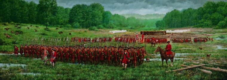 A young George Washington, mounted at right, accompanied his Virginia militia onto the field at Great Meadows, exposing everyone to the French and Indians concealed in the woods. From the Robert Griffing mural, A Charming Field for an Encounter.