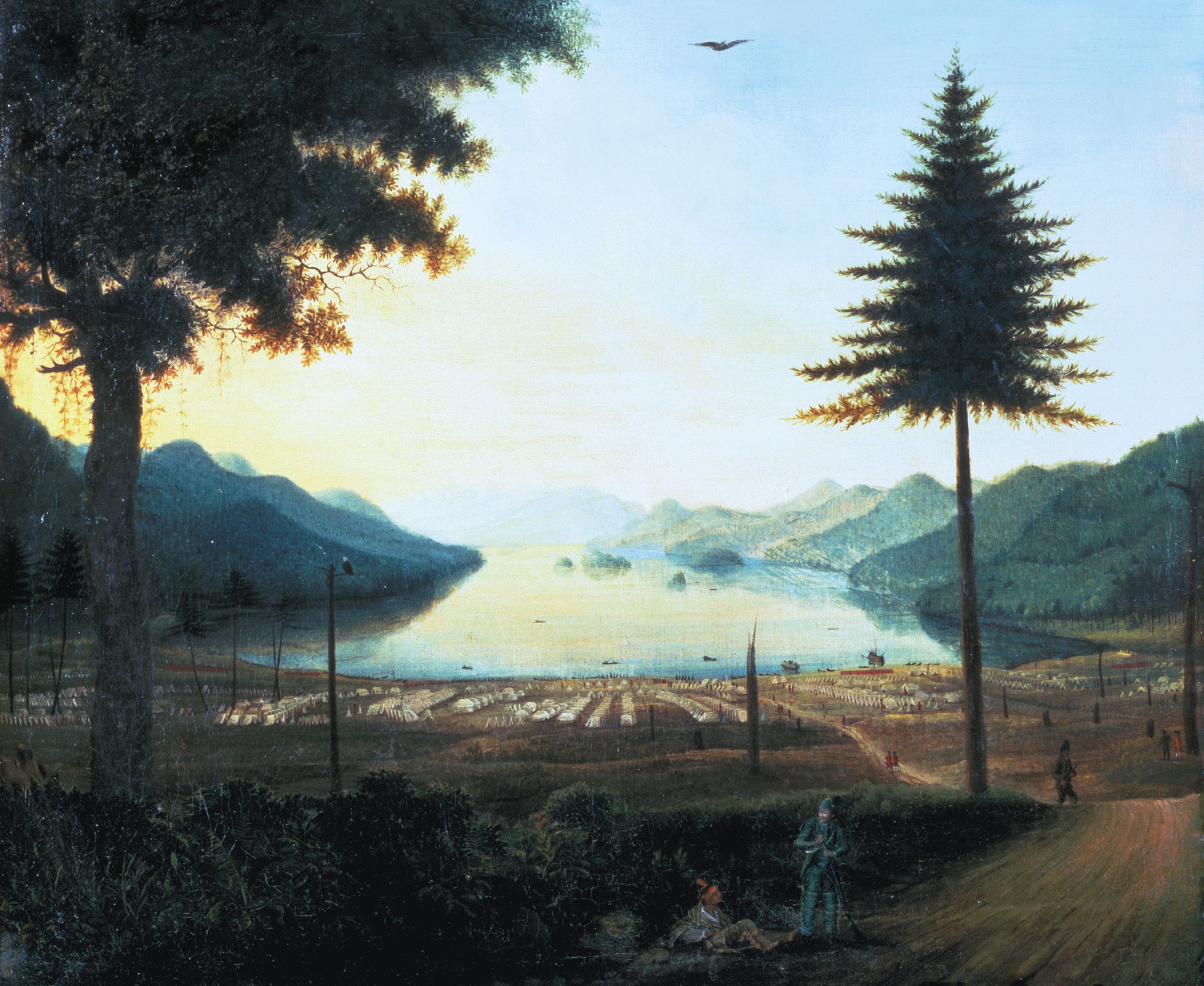 This period image of a British encampment on Lake George was painted in 1759 by Thomas Davies.
