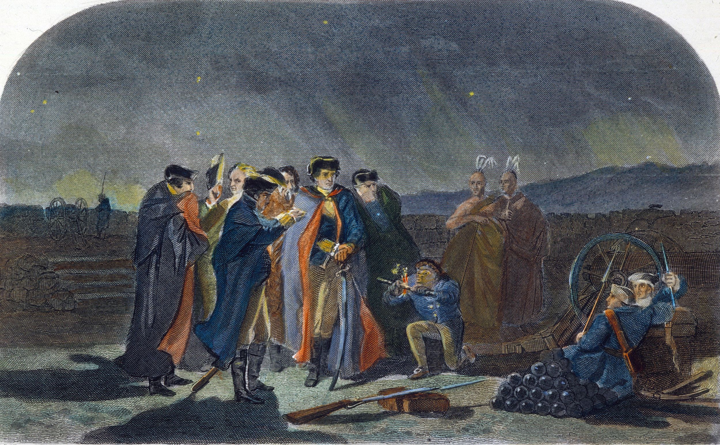 George Washington and his staff inside Fort Necessity on the night before he capitulated to the French—ironically, on July 4.