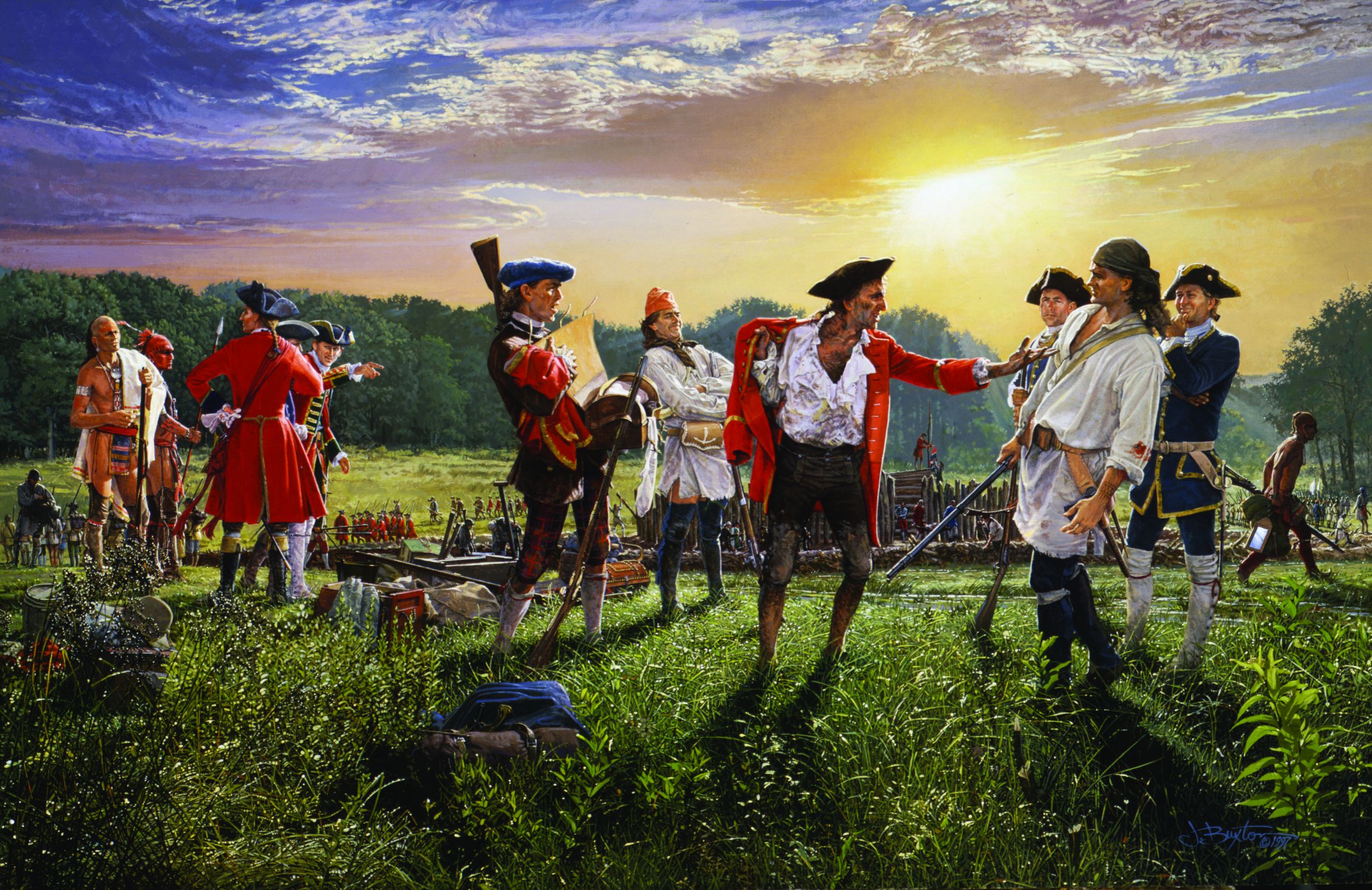An enraged Major Adam Stephen castigates the Frenchman who was looting his saddlebags after the surrender, in the John Buxton painting, Damn the Capitulation.
