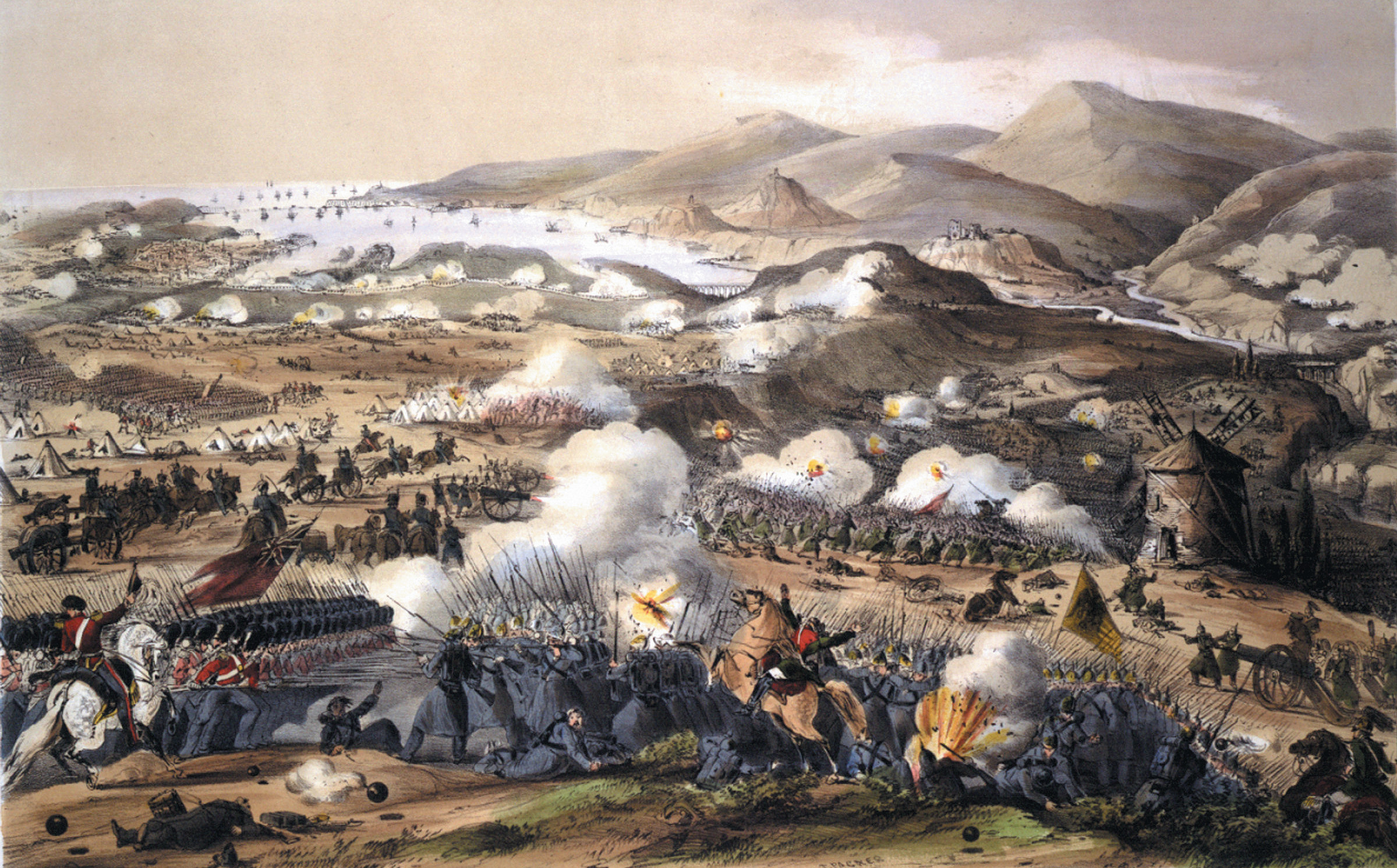 Clouds of gunsmoke dot the rolling countryside at Inkerman during the height of the battle. The British, armed with quick-firing Minié rifles, were able to offset the Russian weight of numbers in bitter close-quarter fighting.