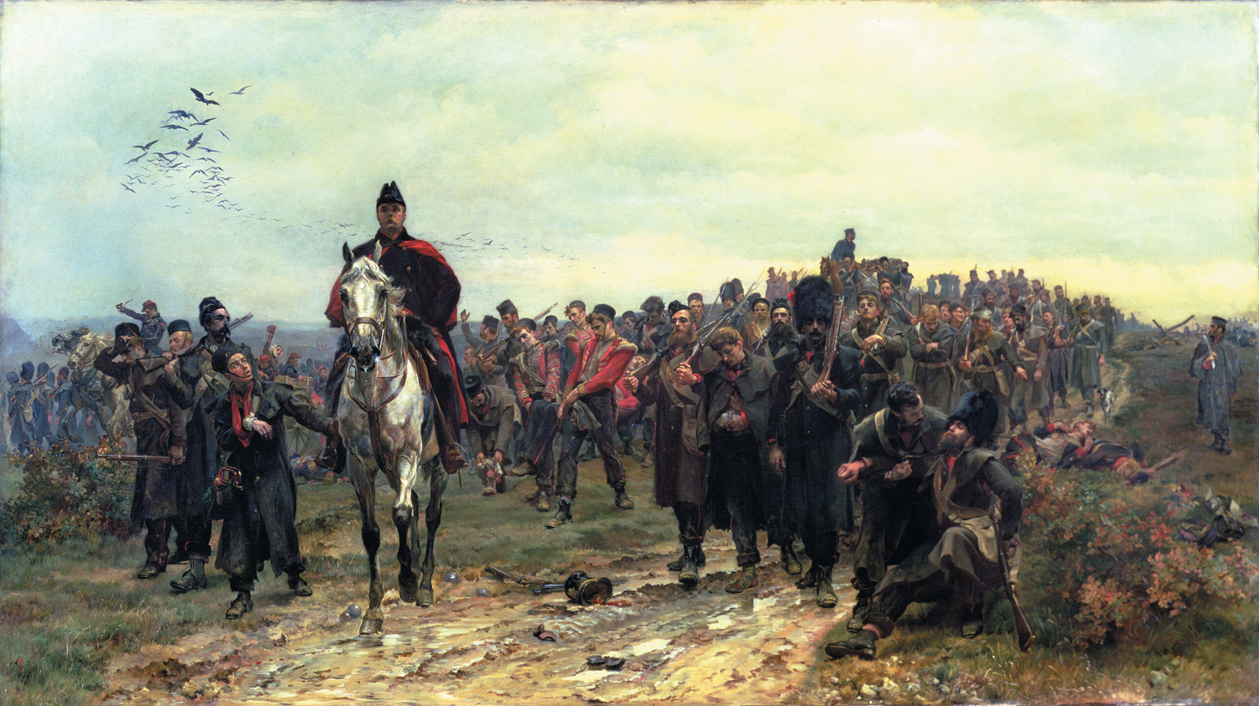 A company of exhausted and wounded members of the English Coldstream Guards and 20th East Devonshire Regiment stagger down from the heights of Inkerman in this 1877 painting, The Return From Inkerman, by Lady Elizabeth Thompson Butler.