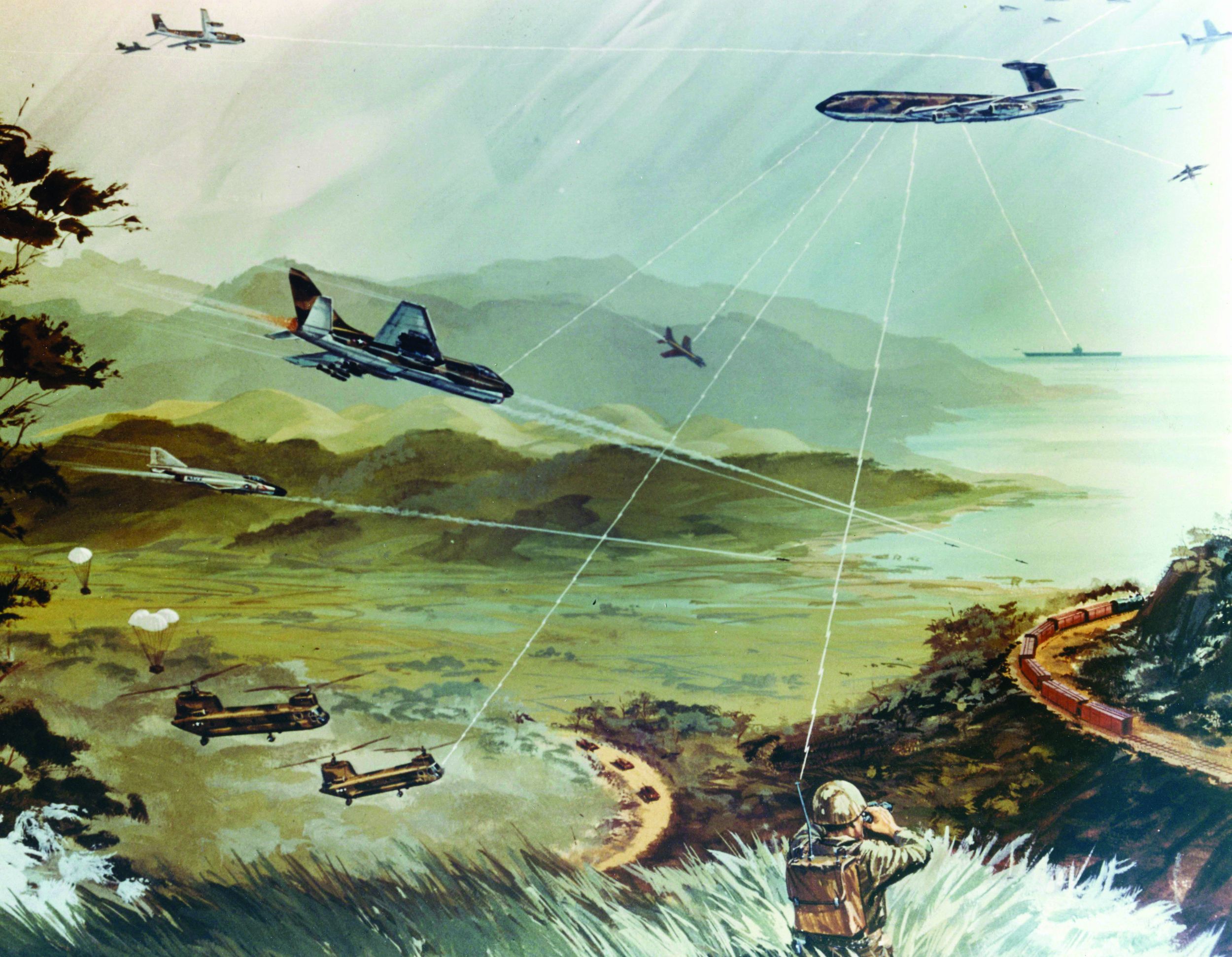 AWACS’ versatility is shown in this artist’s conception of AWACS carrying out a tactical air-land mission.