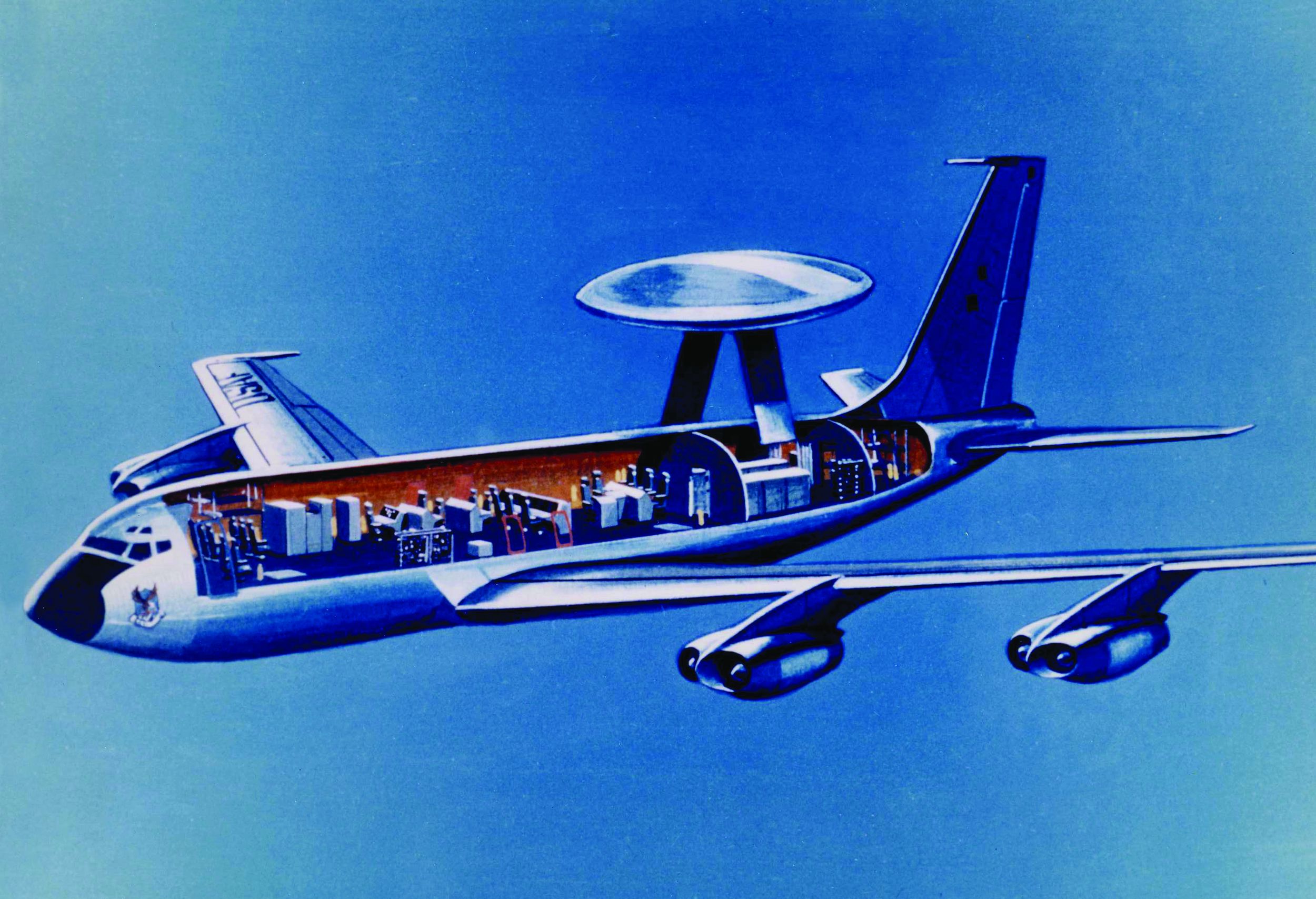 Cutaway drawing of AWACS, showing a Boeing 707-320 surmounted by the huge radome assembly that houses the surveillance radar. The interior configuration is typical of both air defense and tactical operations.