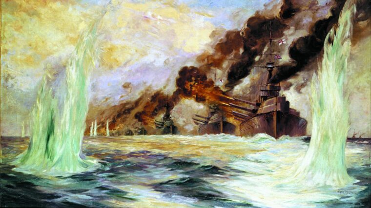 English battleships erupt in flames as their big guns answer German bombardment in the opening moments of the Battle of Jutland.