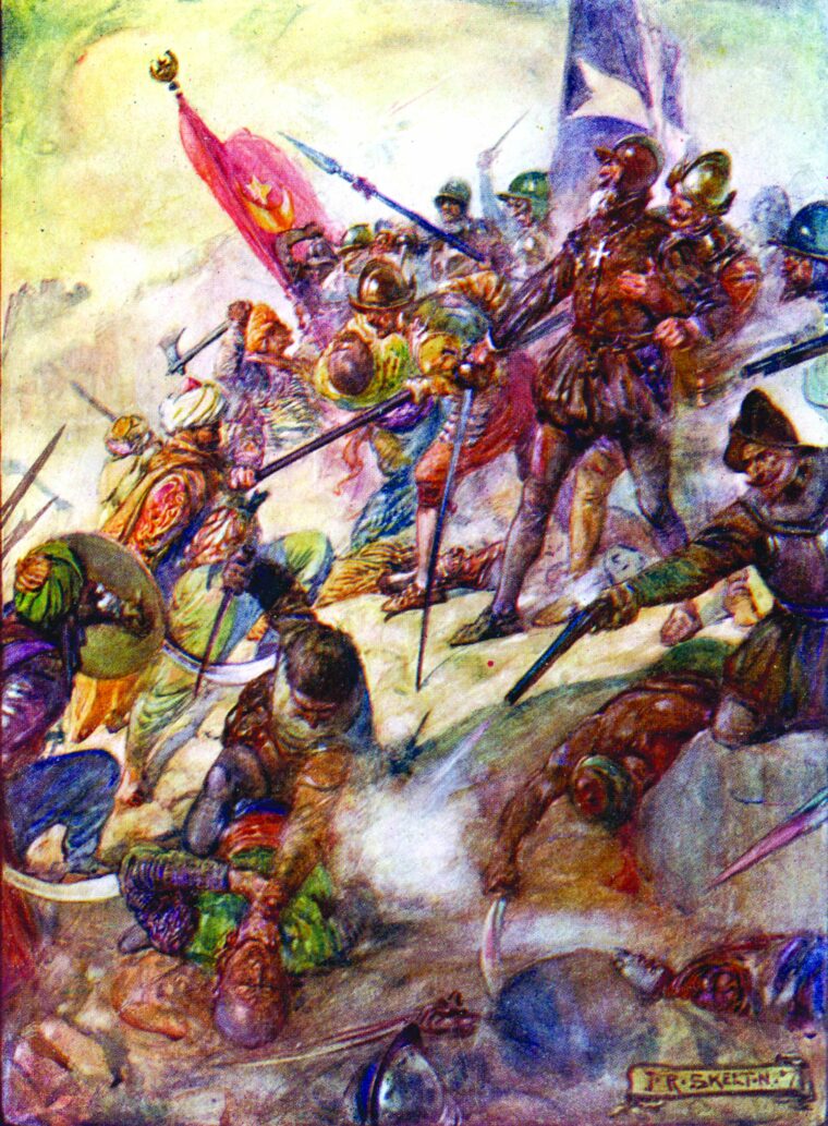 Rallying beneath the Christian cross, members of the Knights Hospitallers join their leader, Jean de Valette, in turning back Turkish attackers sent by Sultan Suleyman the Magnificent to overrun the island of Malta in 1465.