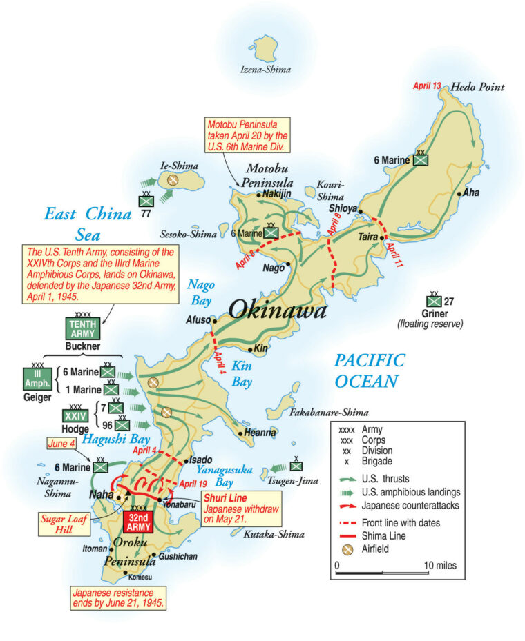 The main American assault on Okinawa came on the western side at Hagushi Bay, but fighting would also be heavy on the southern and northwestern ends of the island.