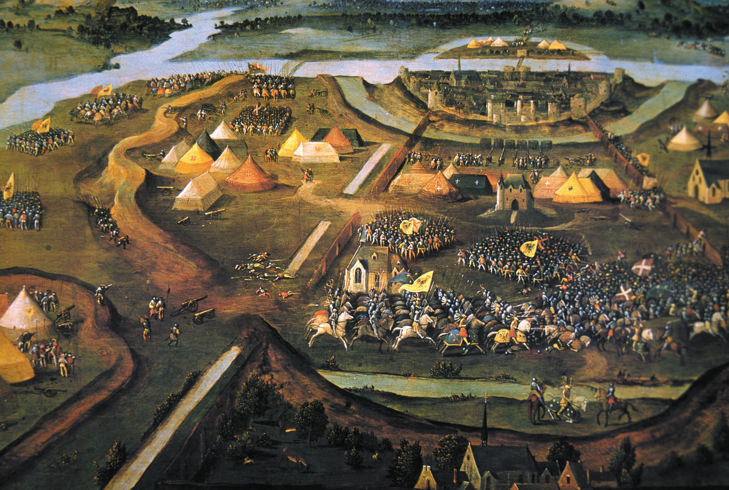 A contemporary painting credited to the school of Joachim Patinier depicts the climax of the fighting at Pavia. In the background is the Ticino River and Mirabello Castle. 
