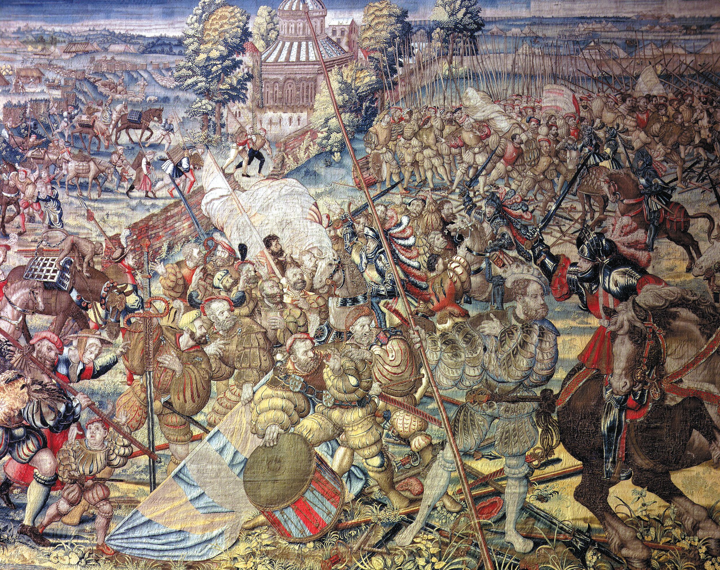 Charles V’s Imperialist troops overrun the French camp at  Pavia in this 16th century Brussels tapestry. The battle lasted less than three hours.