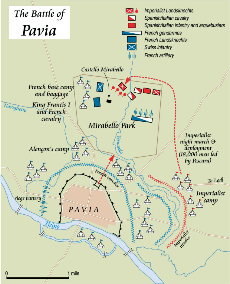 The French held a strong position at Pavia, but the marshy terrain and fenced-in hunting grounds limited their mobility and fatally exposed their calvalry’s flanks. 