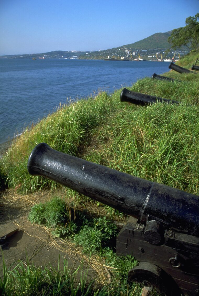 A bristling line of cannons stands as a vivid monument to the Russian defense of Petropavlovsk in 1854.