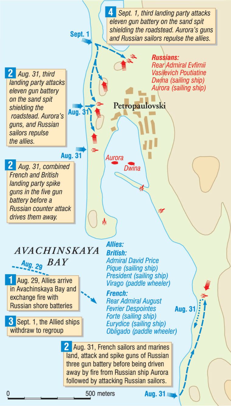 Led by an aggressive Col. Maj. Vasily Zavoiko, the Russian garrison at Petropavlovsk beat back repeated land and sea assaults on the harbor at Avachinskaya Bay.