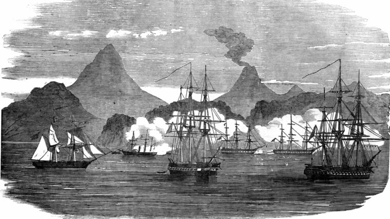 A joint English and French naval force launches an assault on the Russian-held port of Petropavlovsk on August 29, 1854. Attacking ships, left right, include Obligado, Virago, Eurydice, and Pique.