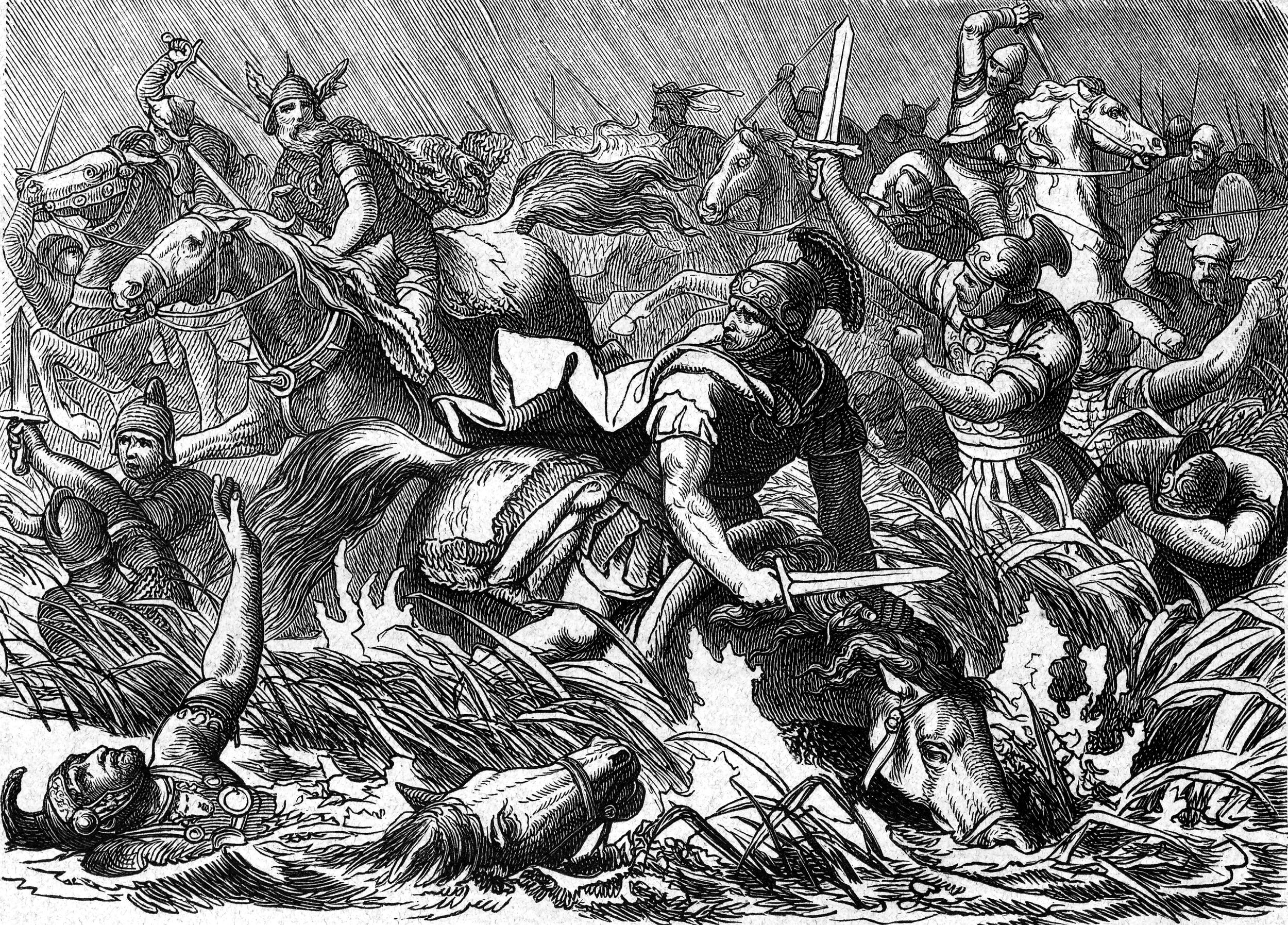 Roman Emperor Decius falls in battle after leading his men into a quagmire while pursuing Goth tribesmen in ad 251.