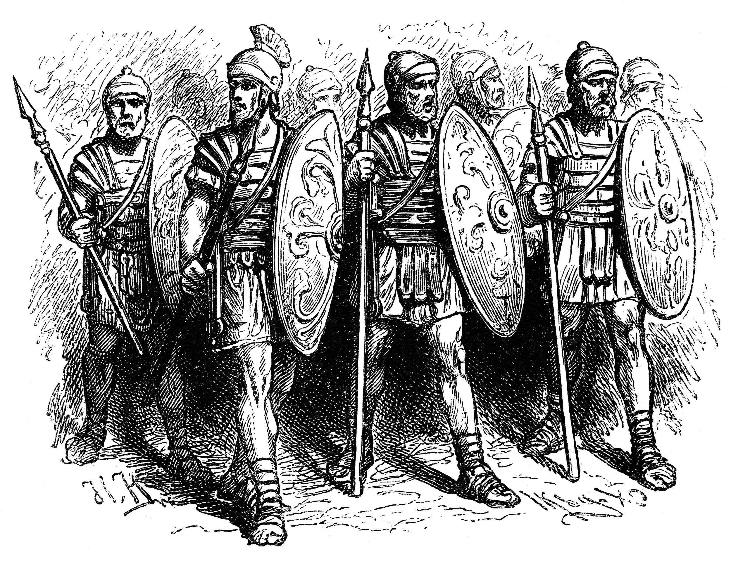 These Roman legionnaries are equipped with pilums, short swords, and shields.
