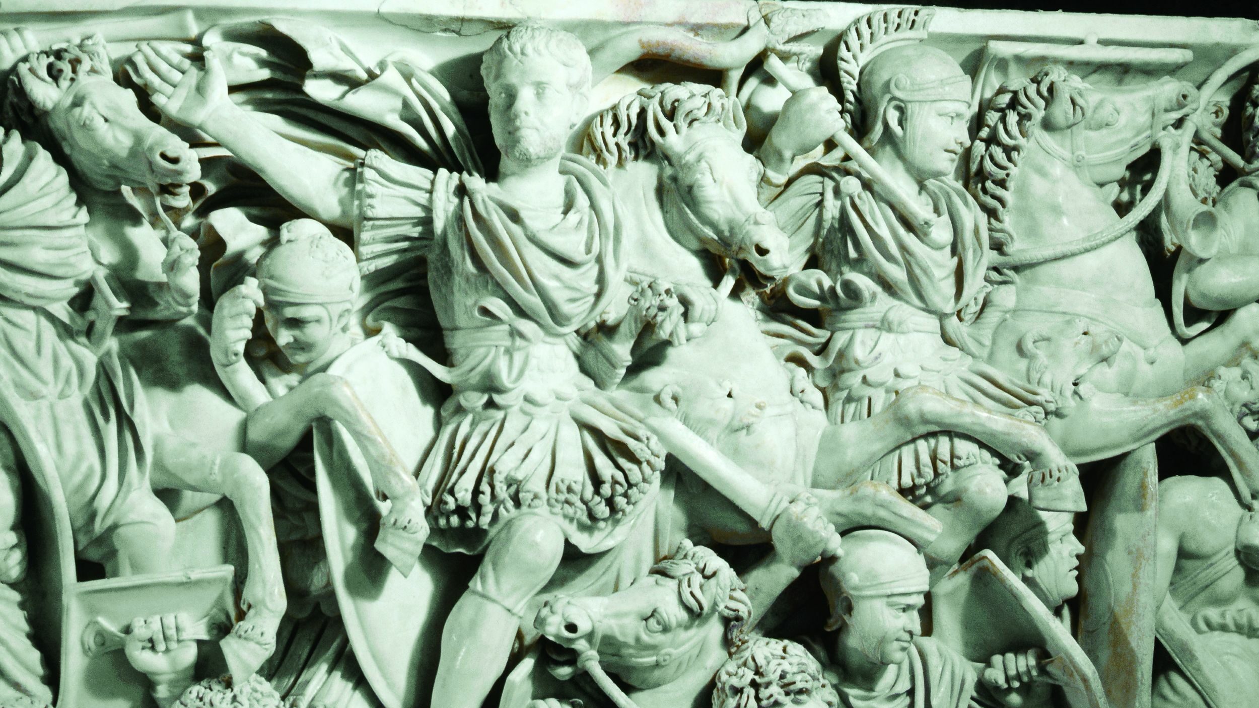 The third-century Great Ludovisi Sarcophagus in Rome shows Romans battling Goths. This detail depicts Hostilian, younger son of Emperor Decius. His other son, Herrenius, was killed in the battle.