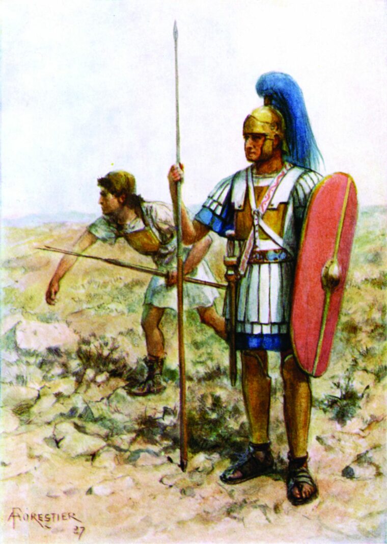 A heavily armed Roman infantryman, or triarius, holds a javelin while a more lightly armed rorarius, or skirmisher, flings a stone at the enemy.