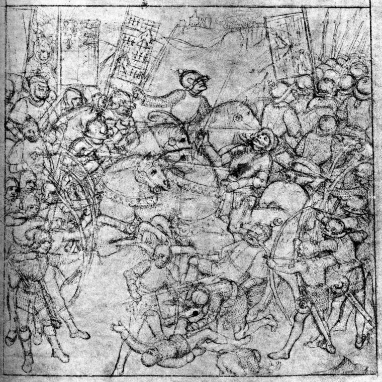 A contemporary illustration of the battle captures some of the confused fighting at Shrewsbury, as well as the importance of the king’s archers to his victory.
