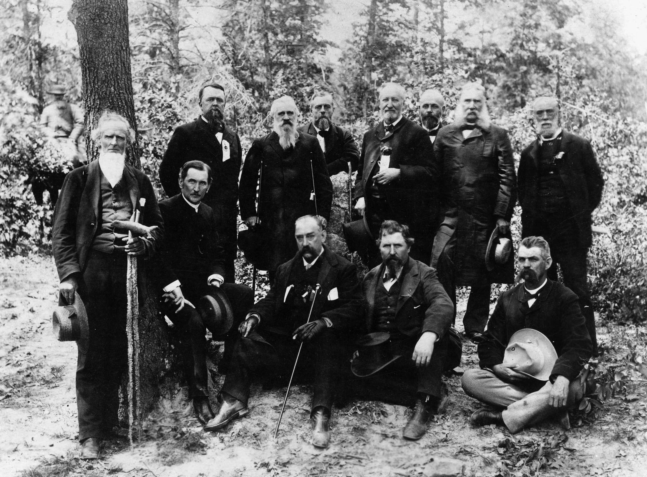 Old Confederates (and one Federal) pose at Chancellorsville in 1884. General James Longstreet stands in the rear, second from the right. Fourth from the right is Union General William Rosecrans, Longstreet’s West Point roommate.